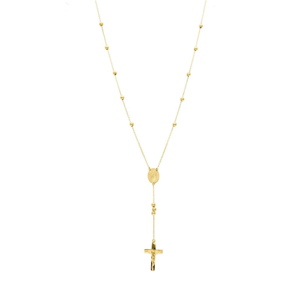 14K Gold Rosary Necklace with Virgin Mary Medal and Polished Crucifix.