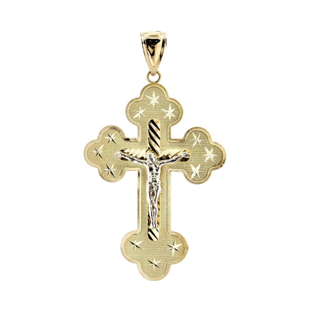 14K Tricolor Gold Orthodox Crucifix with Star Texture and White Gold Body of Christ
