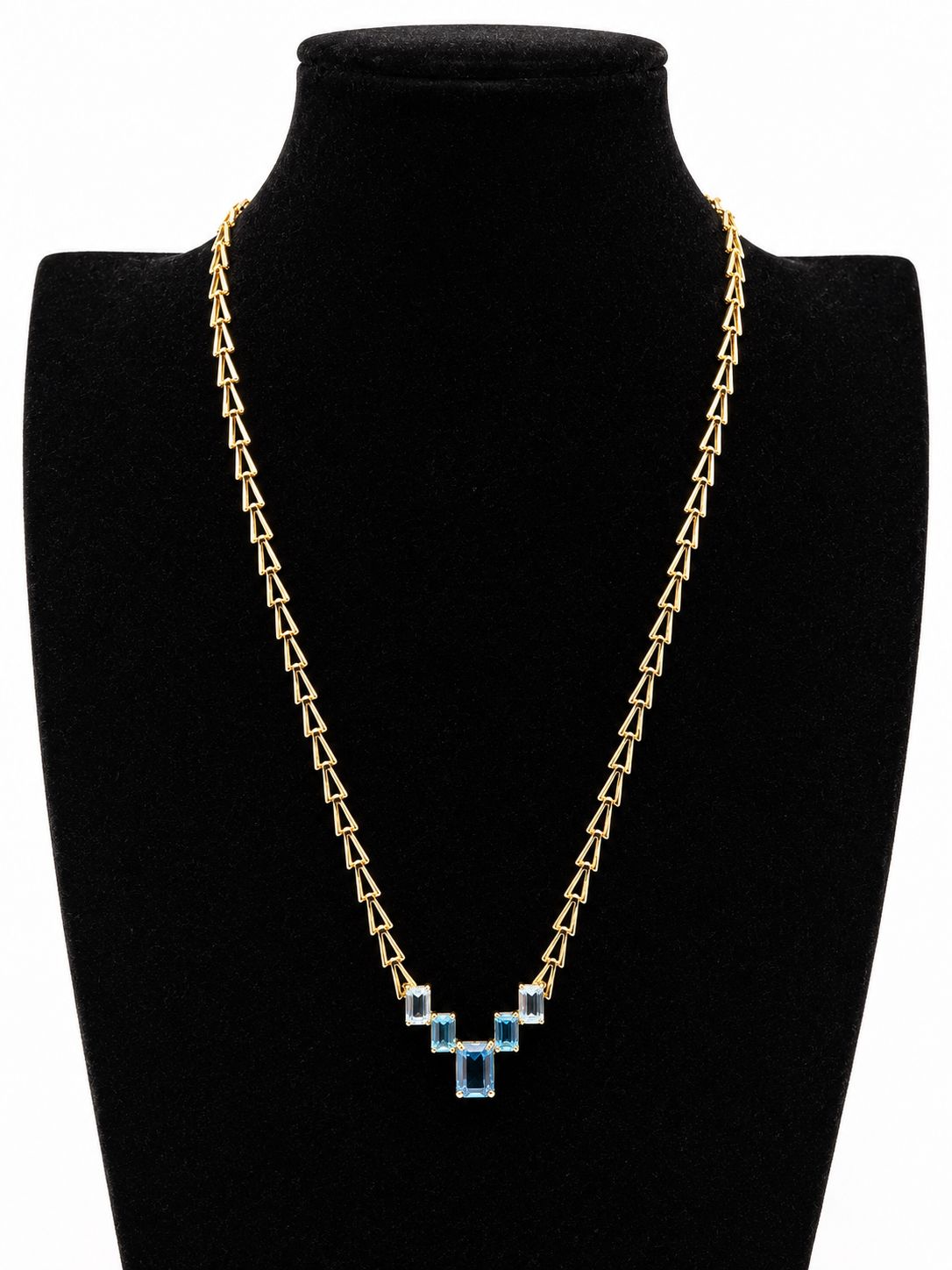 14K Yellow Gold Geometric Design Necklace with Blue Topazes