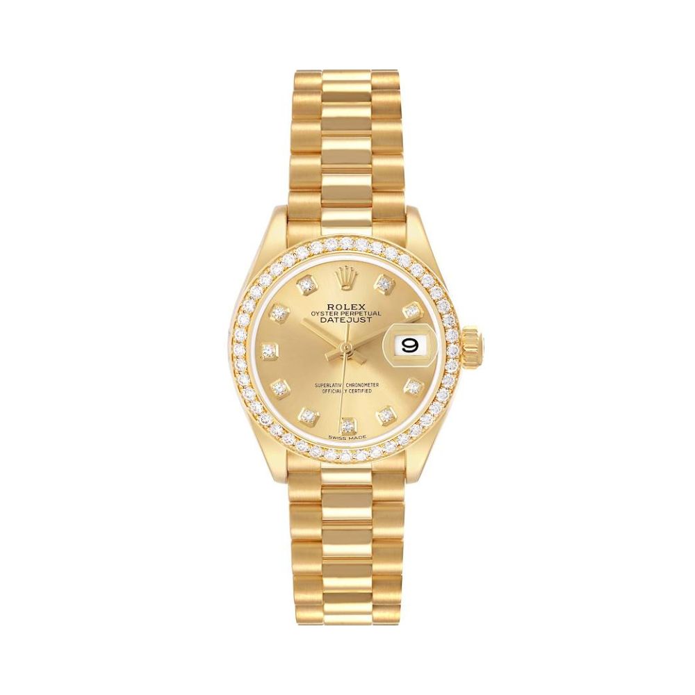 Rolex Lady-Datejust in 18K yellow gold with champagne-colored dial and bezel and diamonds
