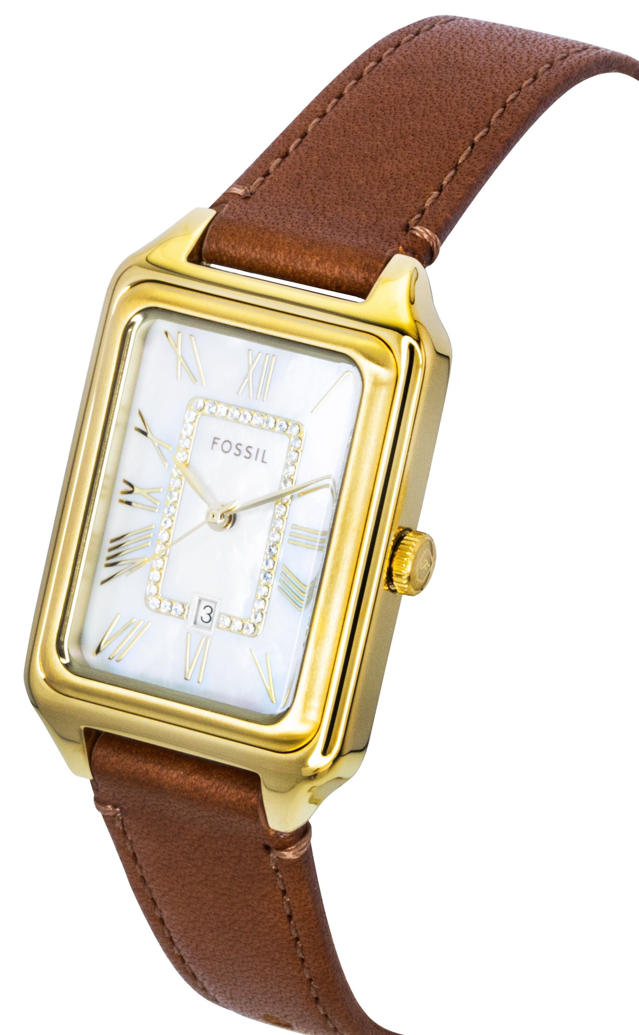 Fossil Raquel Brown Leather Strap White Mother Of Pearl Dial Quartz ES5307 Women's Watch