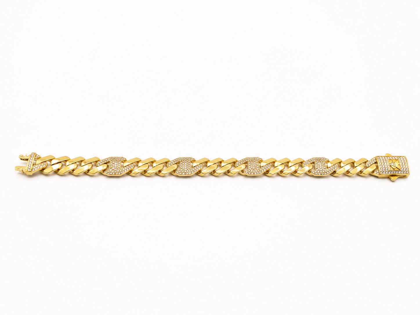 Yellow Gold Cuban Link Bracelet with Diamond Plates
